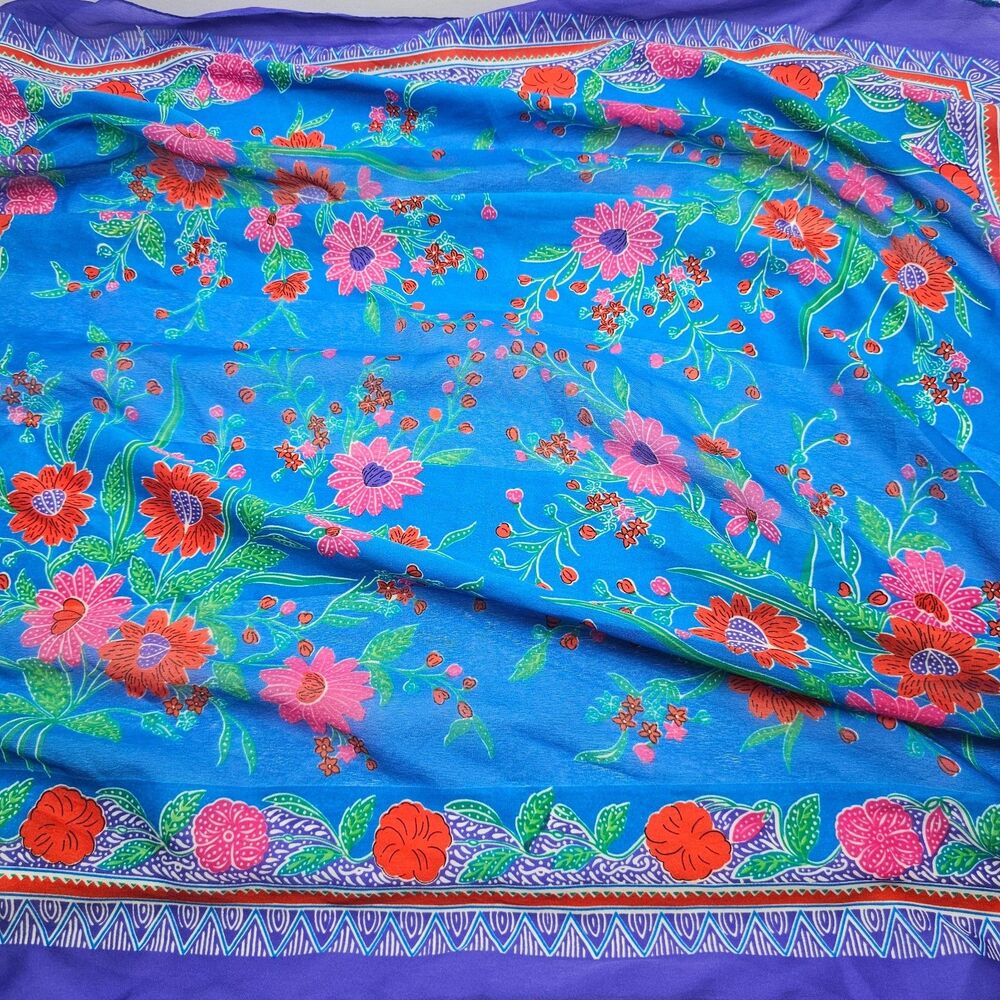 VTG Vibrant Floral Scarf Turquoise Blue Pink Red Flower Purple Border Square 30"